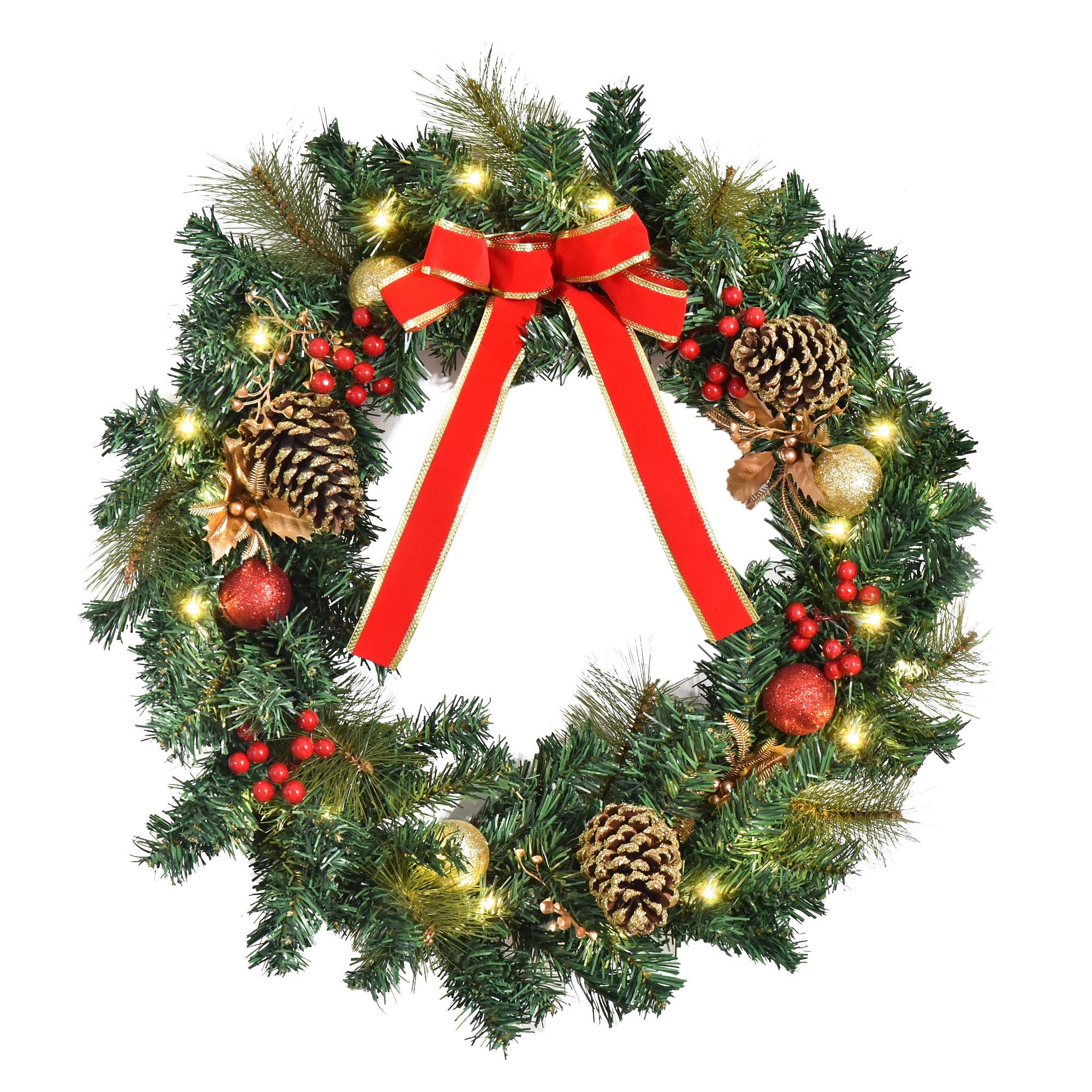 “MyGiftora 24-inch Pre-Lit Christmas Wreath with LED Lights and Red Berries”