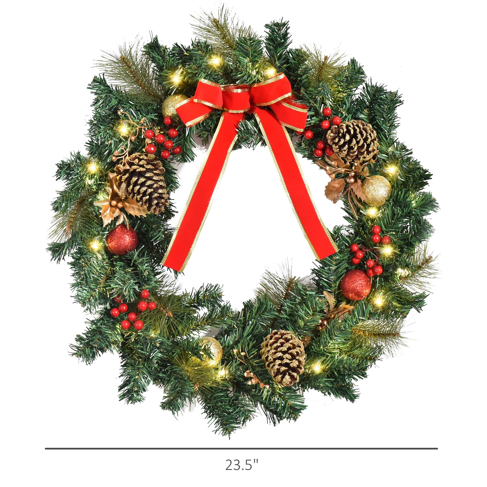 Pre-Lit 24" Christmas Wreath – Artificial Spruce with Cones, Red Berries & 20 LED Lights